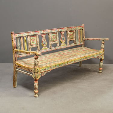 Hand Painted Slatted Seat Indian Folk Art Bench