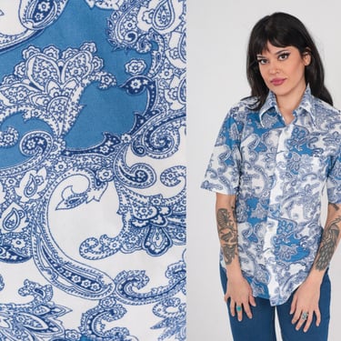 Blue Paisley Shirt 70s Disco Shirt Button up Top Retro Groovy Print Collared Psychedelic Hippie White Short Sleeve Vintage 1970s Medium M 