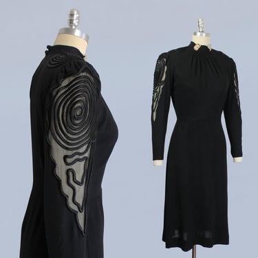 1930s Dress / 30s 40s Black Crepe CUTOUT Net Sleeves Dress / Soutache / Unusual 