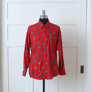 mens vintage 1990s Y2K Wrangler western shirt • bold red & turquoise southwest print cotton shirt 