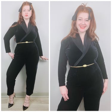 1980s Vintage Black Velvet Wrap Front Jumpsuit / 80s / Eighties Stretch Elastic Sexy Playsuit / Size Medium - Large 