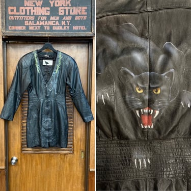 Vintage 1980s Custom Black Leather New Wave Dress W Panther Artwork, 1980s Dress, Black Leather, Airbrush, Artwork, New Wave, Panther 