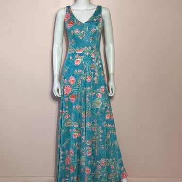 Vtg 1970s Blue DVF Abstract Print Maxi Dress 