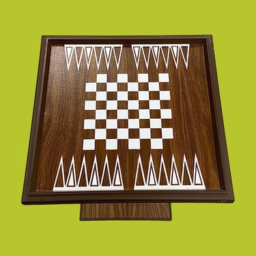 Vintage Gaming Table Retro 1970s Mid Century Modern + Checkers + Chess + Backgammon + Brown Wood and Plastic + Game Night + MCM End Table 