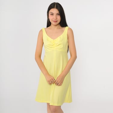 Vintage Yellow Babydoll Dress 1970s Mod Mini Dress 70s Scoop Neck Ruched Bust Dress Party Empire Waist Sleeveless Plain Small S 