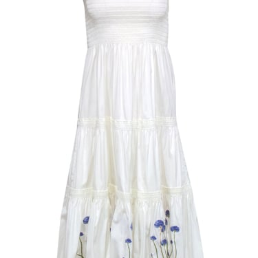 Tory Burch - White Smocked Tiered Midi Dress w/ Floral Embroidery Sz M