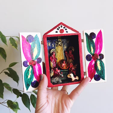 Vintage Peruvian Retablo Christmas Nativity Scene 