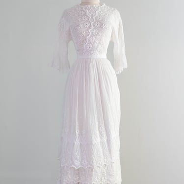 Ethereal Edwardian Embroidered Cotton Wedding Dress Three Piece Set / XS
