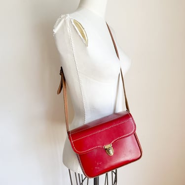 Vintage Red Leather Saddle Bag / Camera Bag 