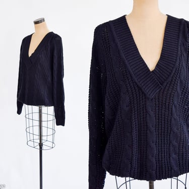 1980s Black V-Neck Sweater  | 80s Black Cotton Knit Sweater | Black Cable Knit Sweater | Abiatti Collection | Medium 