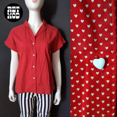 Sweet Vintage 70s 80s Red Heart Patterned Short Sleeve Button Down Blouse 