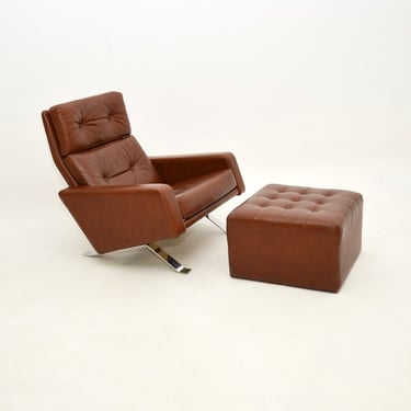 Vintage Leather Leo Armchair and Stool by Robin Day for Hille