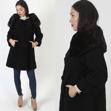 Heavyweight Real Persian Lamb Fur Coat / Natural Black Mink Jacket / Vintage 60s Broadtail Princess Coat / Huge Roll Shawl Collar 