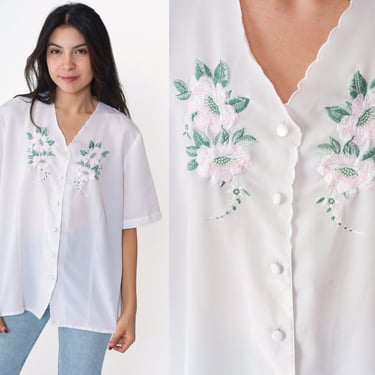 White Embroidered Blouse 90s Floral Scalloped Top Button Up Shirt Short Sleeve Party V Neck Vintage 1990s Oversized Large L 