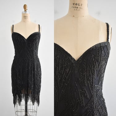 1980s Black Bead Fringe Mini Cocktail Dress 
