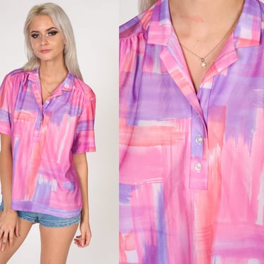 Brushstroke Print Shirt 70s Collared Blouse Pink Purple Half Button Up Top Short Sleeve V Neck Polo Hippie Boho Vintage 1970s Extra Large xl 