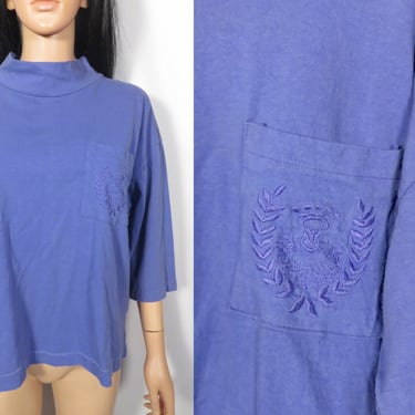 Vintage 80s/90s Pastel Purple Cropped Mockneck Embroidered Crest Pocket All Cotton Tee Made In USA Size L 