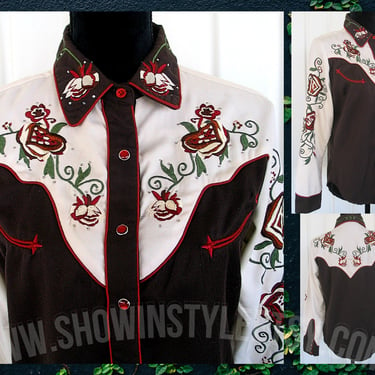 Gordon & James Vintage Retro Western Women's Cowgirl Shirt, Blouse, Embroidered Flowers with Rhinestones, Tag Size Medium (see meas. photo) 