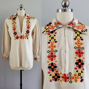 1960s Blouse with Embroidery 60s Boho Shirt 60's Women's Vintage Size Medium 