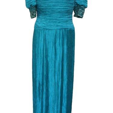 Goddess Dress, Vintage Gown, Fortuny Pleat, Aqua Plisse, Bead Trim, Sz 10 Women 