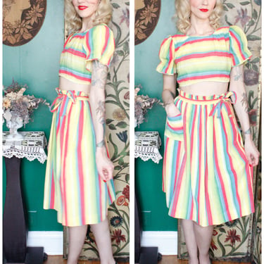 1940s 2pc Set // Rainbow Striped Seersucker Crop Blouse & Skirt // vintage 40s blouse + Skirt 