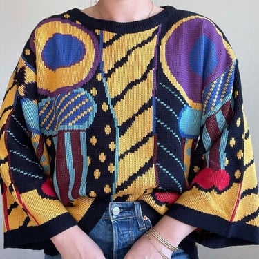 Vintage 80s Womens Rainbow Geometric Boxy Oversized Sweater Sz L 