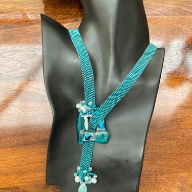 Vintage Lariat Necklace Turquoise Blue Beads And Glass 