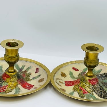 Vintage Pair Brass Candlestick Holder Enamel Holiday design Finger Loop Christmas Hand painted India 