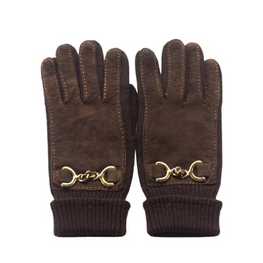 Vintage 1970s Brown Knit Gloves with Gold Chain Accents 