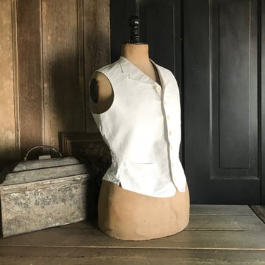 French White Cotton Waistcoat. Striped Weave, Edwardian Era, Period Costume Clothing 