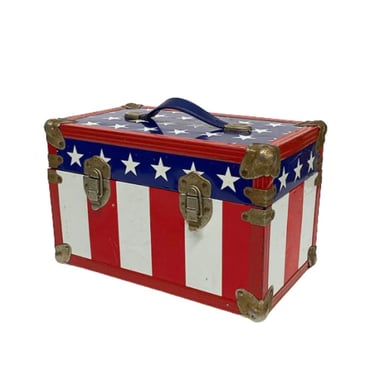 Vintage Train Case Retro 1970s Eclectic + American Flag + Stars and Stripes + Hard Case + Luggage + Makeup Box + Americana + USA + Travel + 