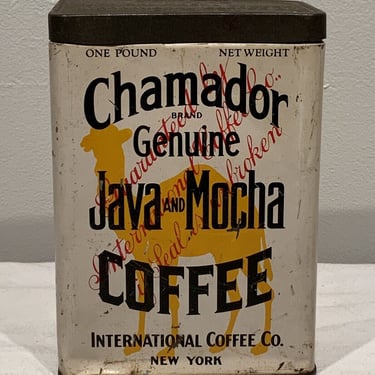 Chamador Brand Genuine Java And Mocha Coffee Tin Litho Label New York, Vinatge collectible tins, coffee can, vintage kitchen decor 