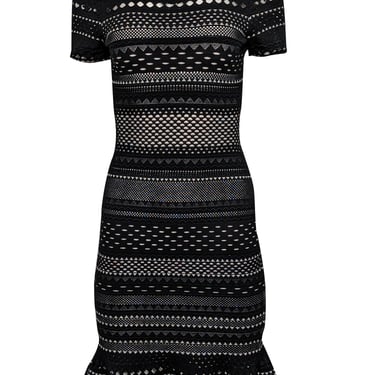 Milly - Black & White Textured Short Sleeve Knee Length Dress Sz M