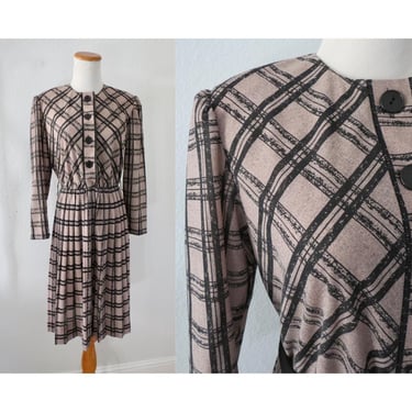 Vintage Plaid Dress - 70s 80s Brown Long Sleeve Pleated Skirt Button Up Office Day Dress - Size Medium M 