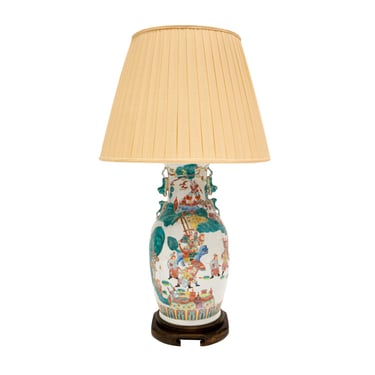 Superb Artisan Chinese Porcelain Table Lamp on Carved Wood Base 1960s