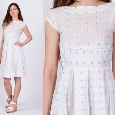 1950s White & Blue Fit Flare Party Dress - Girl's Small | Vintage Young Junior Sheer Boho Day Dress 