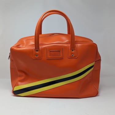Vintage 70s Orange Vinyl Top Handle Square Zip Bag with Yellow and Black Stripe 