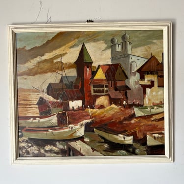 Mid-Century Leo Kramer Impressionist Harbor Fishing Boats Scene Oil Painting 