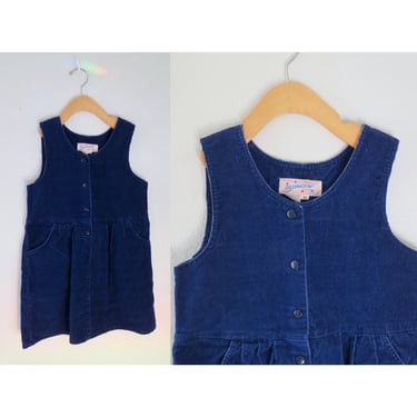 Vintage Girl's Dress Blue Corduroy Sleeveless Jumper Pockets Button Front Size 10 Medium 