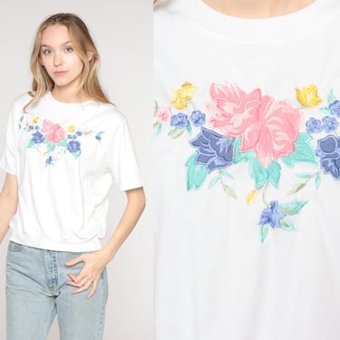 80s Floral Top White Slouchy Embroidered Flower Print Shirt Retro Boho Short Sleeve Banded Hem Hipster Summer Blouse Vintage 1980s Medium M 
