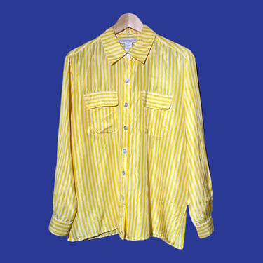 Silk Striped Shirt, Oversized Silk Blouse, Minimal Simple White Yellow Pocket Front Oxford, Mother of Pearl Button Up Collared Top Small 