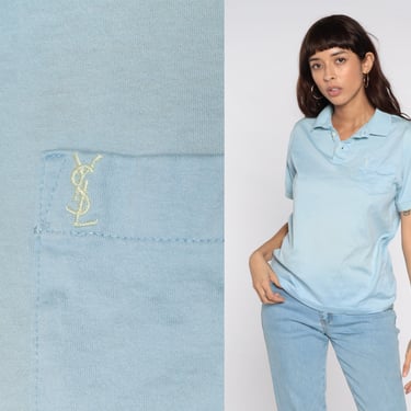 YSL Polo Shirt 80s Baby Blue Yves Saint Laurent Pocket Front Button Up Collared Embroidered Logo 1980s Vintage Short Sleeve Mens Medium M 