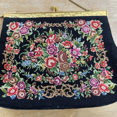 vintage pettipoint purse floral needlework framed handbag 