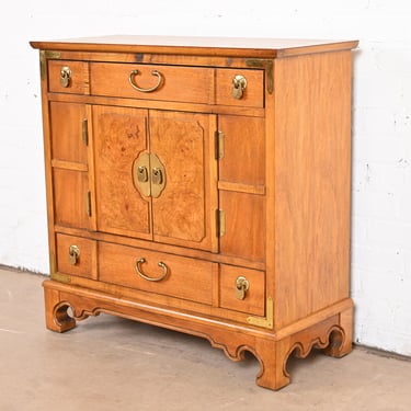 Thomasville Hollywood Regency Chinoiserie Burl Wood Commode or Bar Cabinet, Circa 1960s