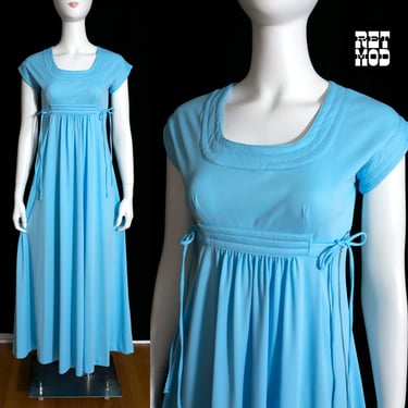 Cool Vintage 60s 70s Light Blue Maxi Dress with Side Ties 