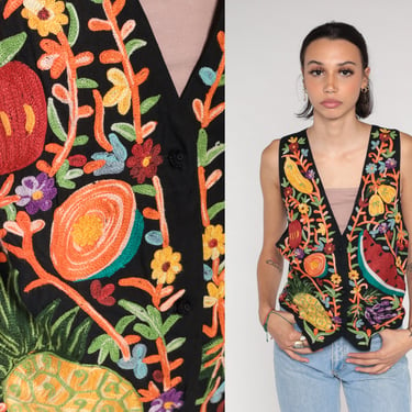 Fruit Print Vest y2k Watermelon Embroidered Button up Vest Black Floral Pineapple Apple Banana Flower Print Sleeveless Vintage 00s Small S 