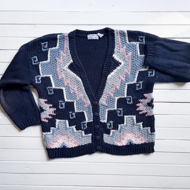 navy cardigan sweater 80s 90s vintage Maggie Lawrence blue Aztec grandpa sweater 