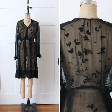 vintage 1930s 40s embroidered dress • sheer black folk embroidery dress with bishop sleeves 