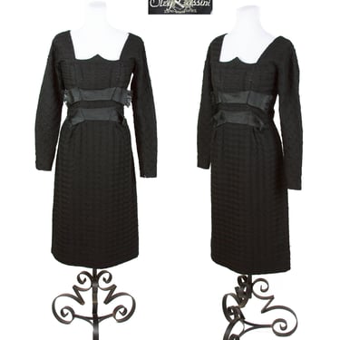 Vintage 1950s Dress ~ Oleg Cassini Designer Wool Vampy Goth Black Wiggle Dress 