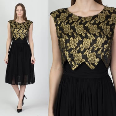 50s 60s Black & Gold Brocade Party Dress - Small | Vintage Fit Flare Sleeveless Formal Midi Party Dress 